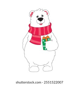 Illustration of a polar bear wearing a red scarf and a gift in his hand.