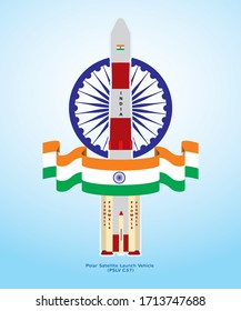 illustration of Polar satellite launch vehicle, rocket missile in blue sky launched by India, 104 satellite, PSLV with indian flag