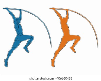 Illustration Of A Pole Vaulter. Black And Color Drawing On A White Background