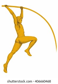 Illustration Of A Pole Vaulter. Black Dots And Yellow Drawing On A White Background