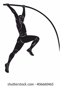 Illustration Of A Pole Vaulter. Black And White Drawing On A White Background