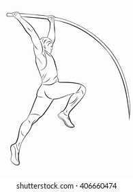 Illustration Of A Pole Vaulter. Black And White Drawing On A White Background