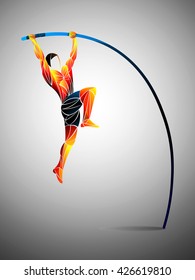 Illustration Of A Pole Vaulter. Black And White Drawing. Pole Vault, Abstract Isolated Vector Silhouette