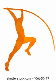 Illustration Of A Pole Vaulter. Orange Triangles Drawing On A White Background