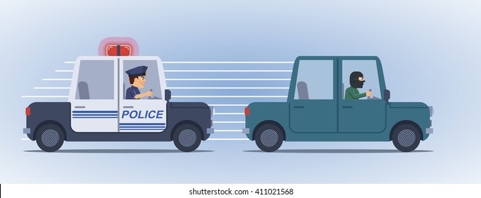 Illustration of a police car chasing a bandit. Hot pursuit, detective, inspector, police officer, burglar, man in mask. Flat style vector illustration