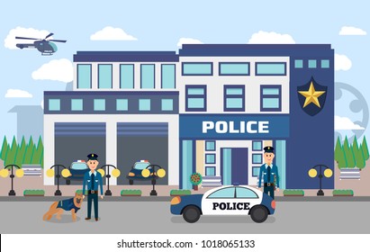 Illustration of police department with officers in uniform , cars and city landscape