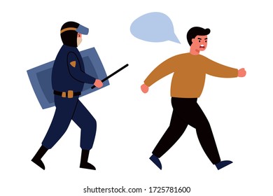 Illustration of a police haunting man. Vector illustration on a white isolated background. Violation of self-isolation.