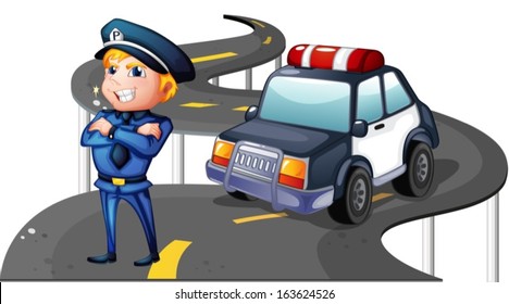 Illustration of a police and his patrol car in the middle of the road on a white background