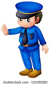 Illustration of a police officer with a complete blue inform on a white background