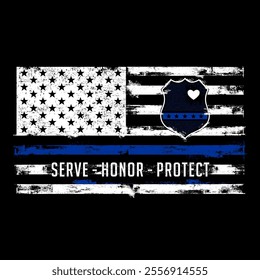 Illustration Police Officer Flag, Distressed Effect, Police Thin Blue Line Flag Serve Honor Protect