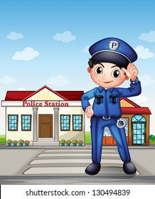 Illustration of a police officer in front of a police station