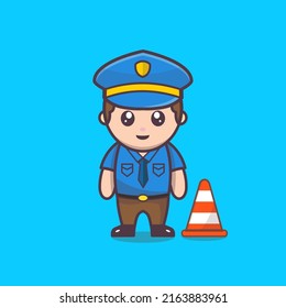 Illustration Of A Police Officer Of A Man Working With A Smile. Crossing Guard. Control, Pedestrians Safety. Vector Illustration, Flat Character Cartoon Style. Isolated On Blue Background.