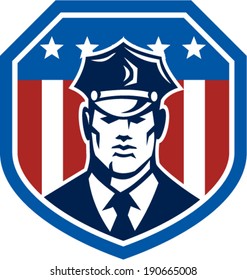 Illustration of a police officer policeman security guard facing front set inside shield with American Stars and Stripes flag on isolated white background.