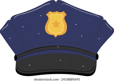 Illustration of a police officer s cap with a gold badge and a star. Cartoon style law enforcement hat vector illustration.