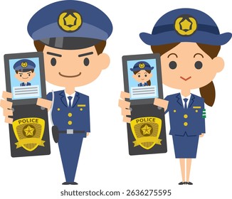 Ilustração de um policial mostrando seu caderno policial (conjunto masculino e feminino)