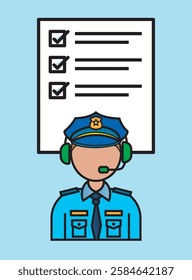 Illustration of a police officer wearing a headset, providing emergency assistance, with a checklist in the background, symbolizing law enforcement support services