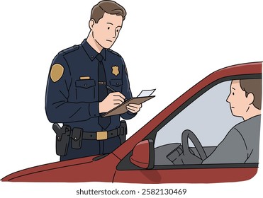 Illustration of a police officer writing a ticket to a driver in a car, isolated on white background