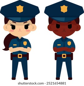 Illustration of police officers, man and woman, cute, with a serious expression