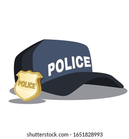 Illustration of a police patrol cap and a badge of a police officer isolated on a white background. Vector cartoon illustration