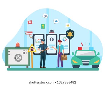 illustration with police protect data and confidentiality. Safety and confidential data protection, concept with character, a man request to see the locked data Flat vector illustration
