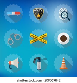 Illustration of Police Sequrity Flat Vector Icon Set. Include road cone, barricade tape, police badge, car alarm, fingerprint etc.
