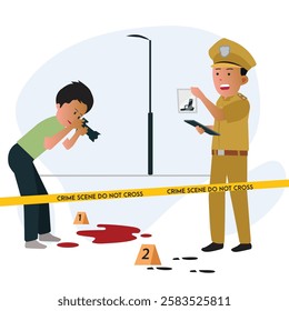 Illustration of police station with accused, investigation in a crime scene, taking FIR from victim, and imprisonment of the offender