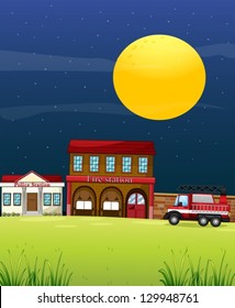 Illustration of a police station beside the fire station with a fire truck