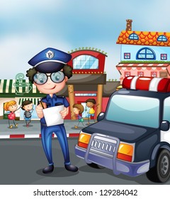 Illustration of a policeman at a busy street