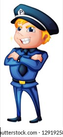 Illustration of a policeman in a complete uniform on a white background