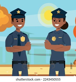 illustration of a policeman and a female policewoman with a park in the background, vector.