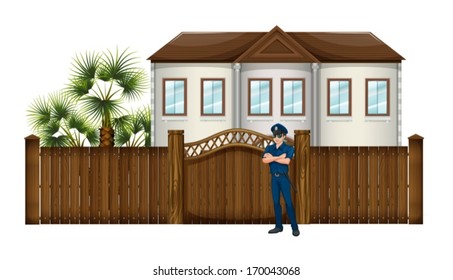 Illustration of a policeman in front of the house on a white background