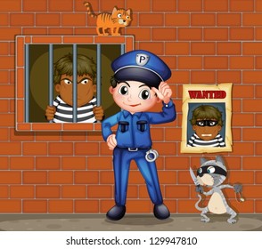 Illustration of a policeman in front of a jail with two cats