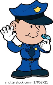 Illustration of policeman with hand up and whistle