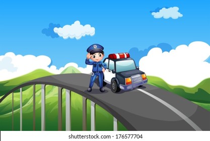 Illustration of a policeman and his patrol car in the middle of the road