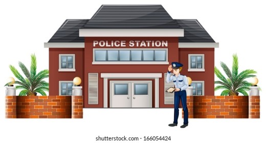 Illustration of a policeman outside the police station on a white background