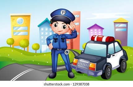 Illustration of a policeman with a police car along the street