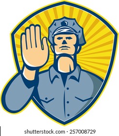 Illustration of a policeman police law enforcement officer with hands signalling stop set inside shield done in retro style.