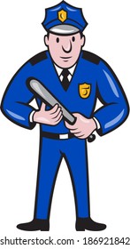 Illustration of a policeman police officer with night stick baton standing facing front  on isolated background done in cartoon style.