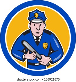 Illustration of a policeman police officer with night stick baton facing front set inside circle on isolated background done in cartoon style.