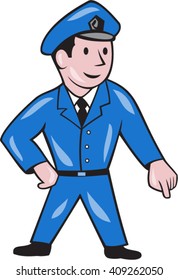 Illustration of a policeman police officer pointing down viewed from front set on isolated white background done in cartoon style. 