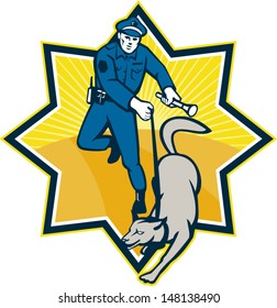 Illustration of a policeman police officer with trained police guard dog canine team viewed from front set inside star shape done in retro style.