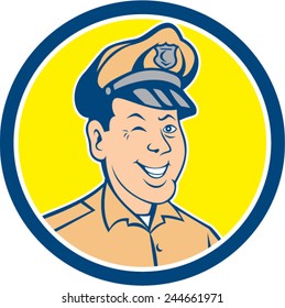 Illustration of a policeman police officer winking smiling viewed from front set inside circle on isolated background done in cartoon style. 