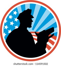 Illustration of a policeman security guard with police dog with American stars and stripes set inside circle done in retro style.