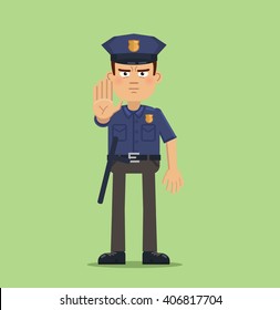 Illustration of a policeman showing stop hand gesture. Confident police officer isolated on abstract background. Flat style vector illustration