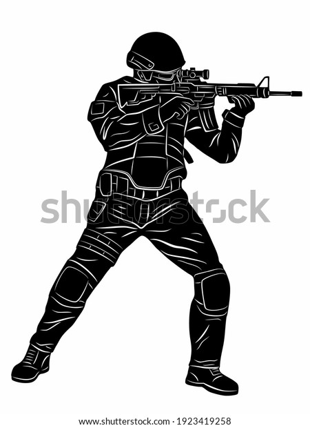 Illustration Policeman Soldier Gun Black White Stock Vector (Royalty ...