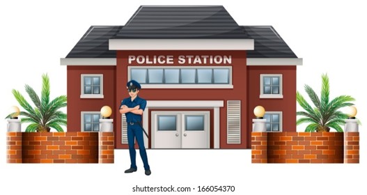 Illustration of a policeman standing in front of the police station on a white background