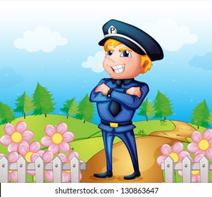 Illustration of a policeman standing in the garden