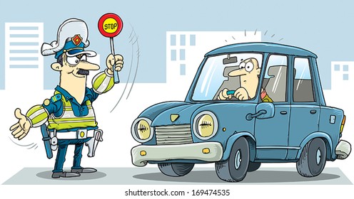 Illustration of policeman stops the car.