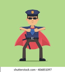 Illustration of a policeman turning into a super hero. Police officer isolated on abstract background. Flat style vector illustration