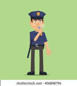 Illustration of a policeman with whistle. Police officer whistling isolated on abstract background. Flat style vector illustration